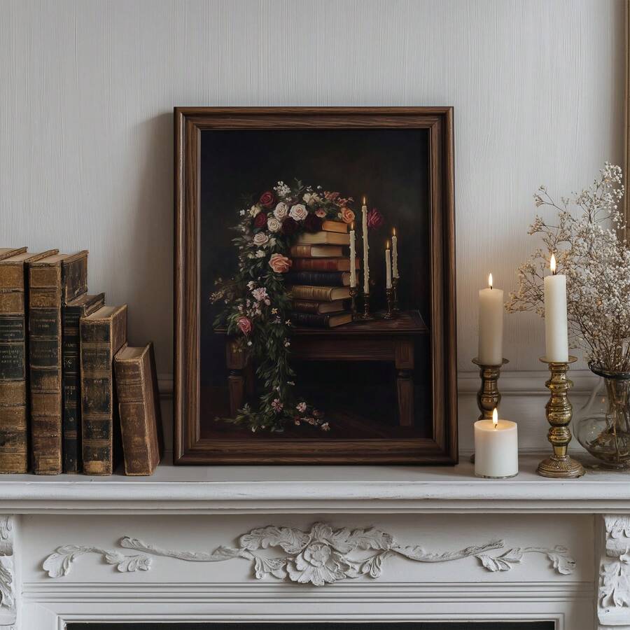 frame option view of Dark academia still life wall art showing stacked antique books, roses, lit taper candles, warm gold tones and moody Victorian library styling.