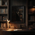 frame option view of Dark academia wall art showing a romantic couple embracing in a candlelit library with fireplace glow, old books, bronze tones and Victorian mood.