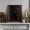canvas option view of Dark academia wall art showing a romantic couple embracing in a candlelit library with fireplace glow, old books, bronze tones and Victorian mood.