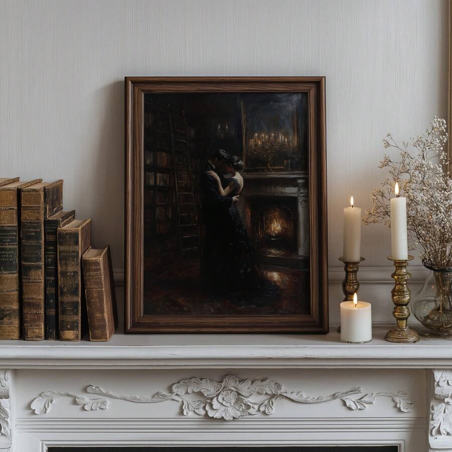 canvas option view of Dark academia wall art showing a romantic couple embracing in a candlelit library with fireplace glow, old books, bronze tones and Victorian mood.