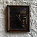 close-up artwork detail of Dark academia wall art showing a romantic couple embracing in a candlelit library with fireplace glow, old books, bronze tones and Victorian mood.