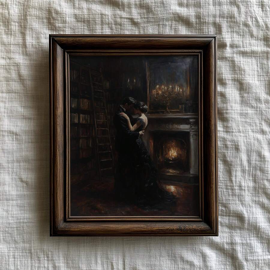close-up artwork detail of Dark academia wall art showing a romantic couple embracing in a candlelit library with fireplace glow, old books, bronze tones and Victorian mood.
