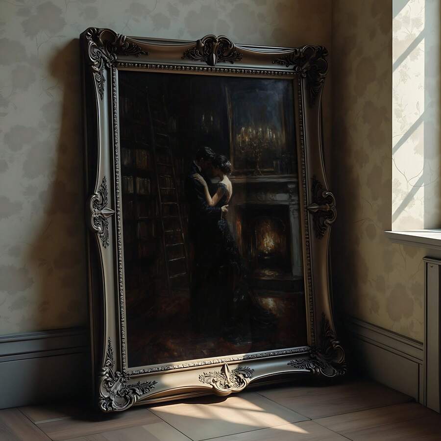 front framed view of Dark academia wall art showing a romantic couple embracing in a candlelit library with fireplace glow, old books, bronze tones and Victorian mood.