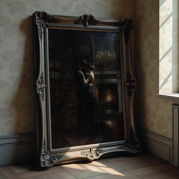 front framed view of Dark academia wall art showing a romantic couple embracing in a candlelit library with fireplace glow, old books, bronze tones and Victorian mood.