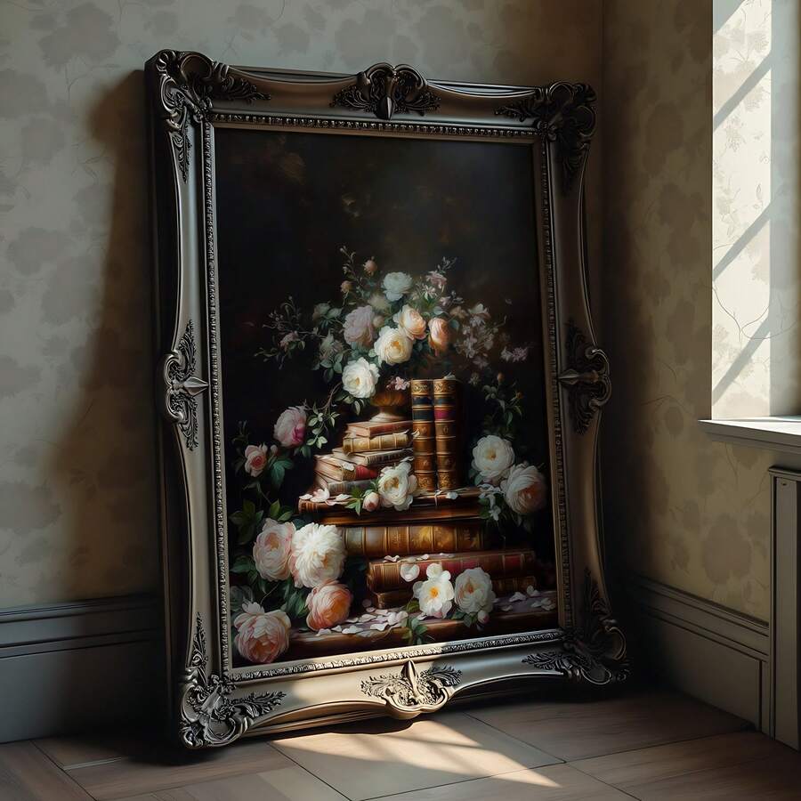 Dark academia wall art with stacked books flowers candles and ornate vintage frame