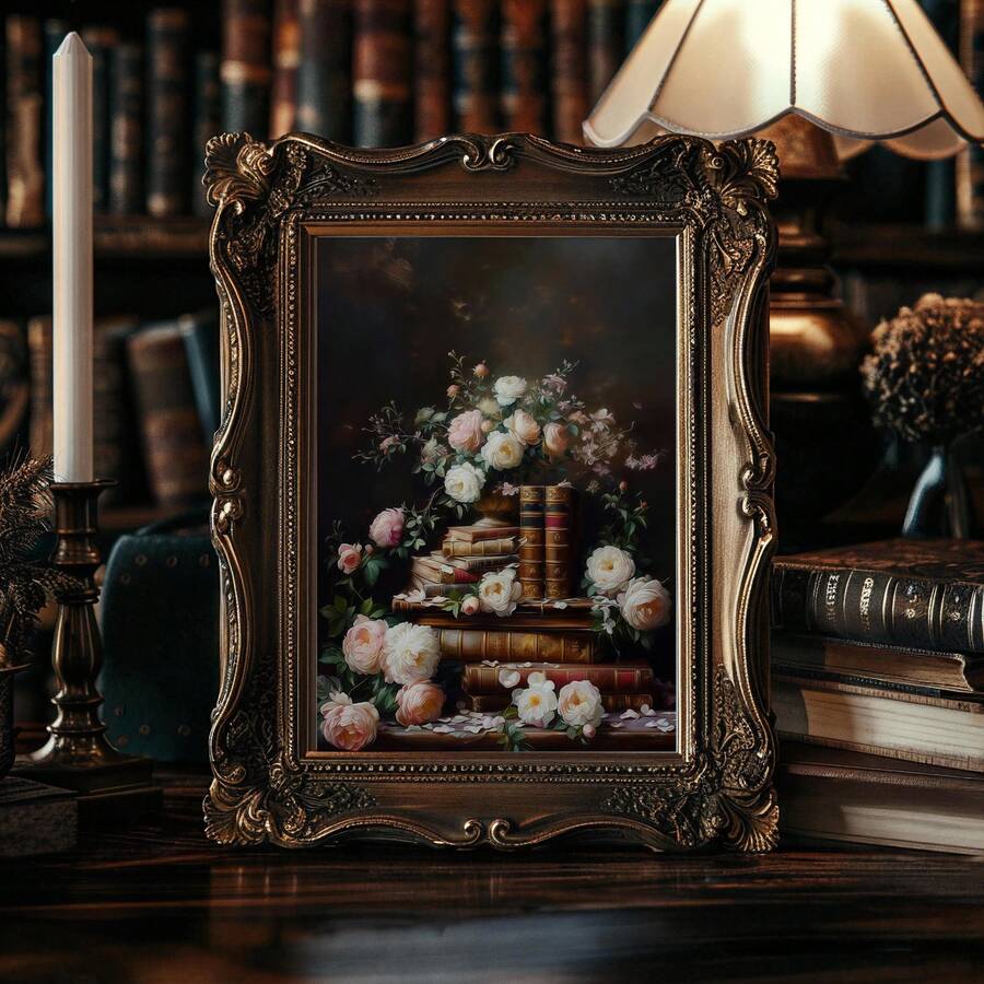 Dark academia wall art with stacked books flowers candles and ornate vintage frame