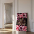 Magenta eyed spotted cat print with pink flowers in bright hallway