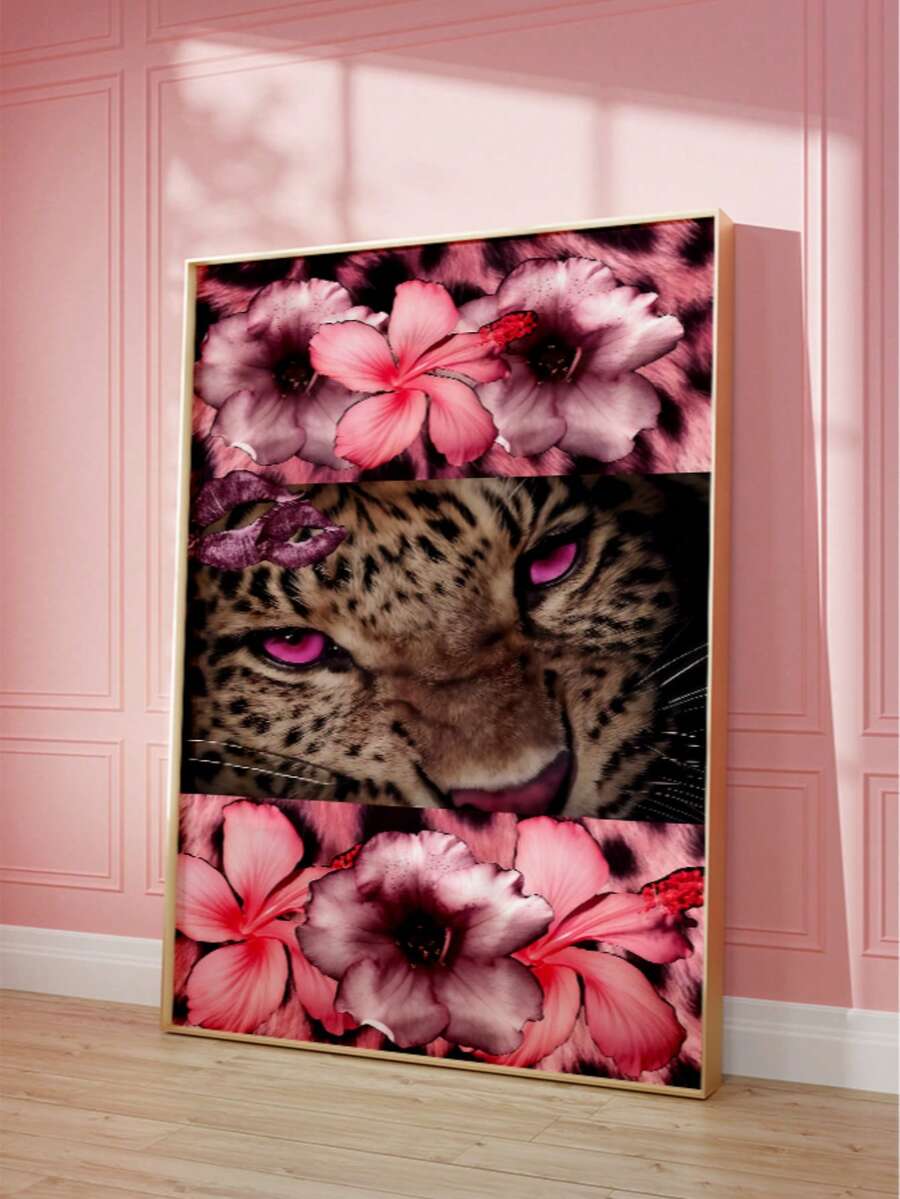 Gold framed pink floral collage with magenta eyed spotted cat in warm room