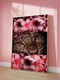 Large leopard and pink hibiscus artwork against sunlit paneled wall