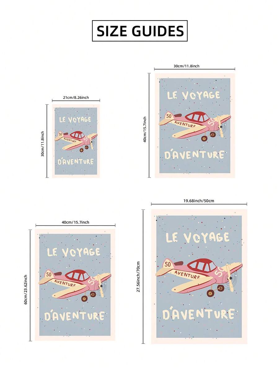 Size guide for pastel airplane canvas poster from 21 by 30 to 50 by 70 centimeters