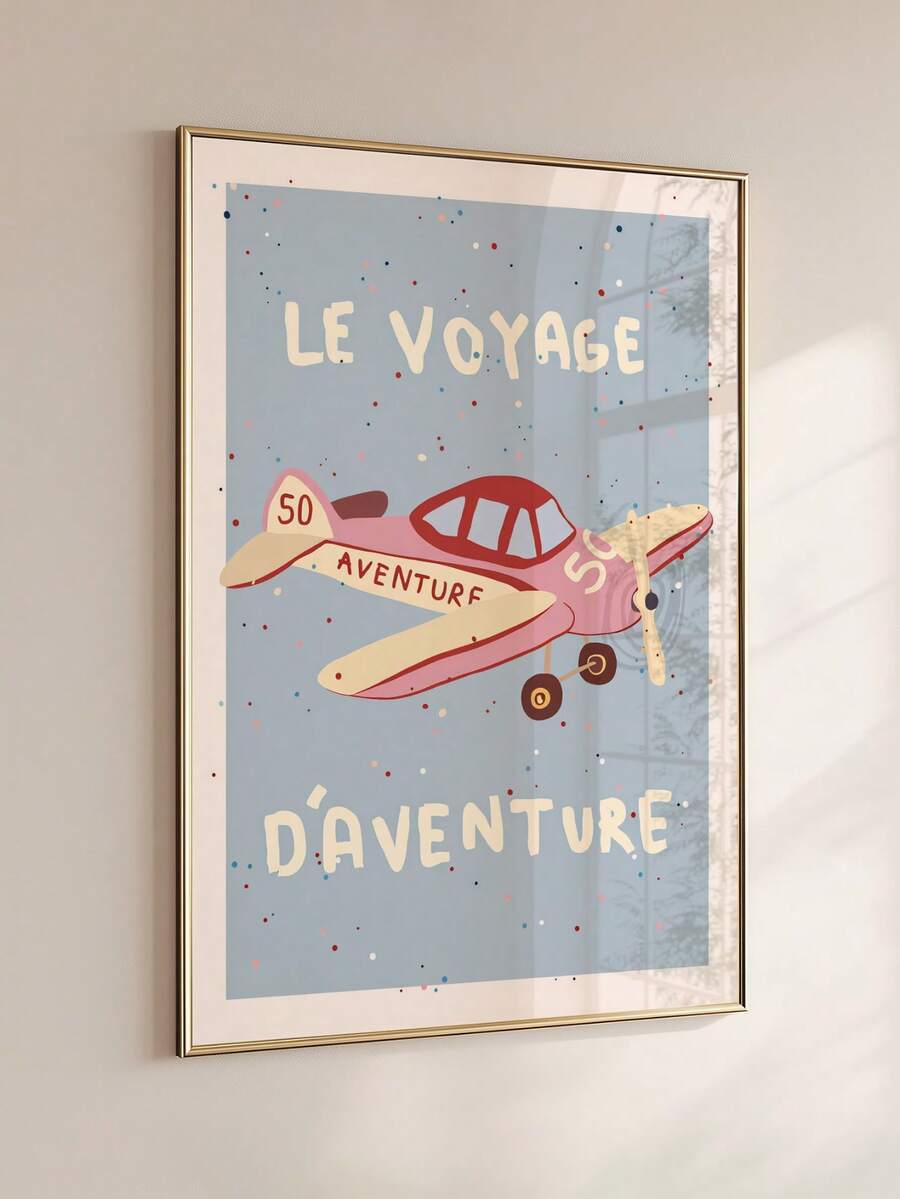 Close-up of a gold-framed pastel vintage airplane canvas print