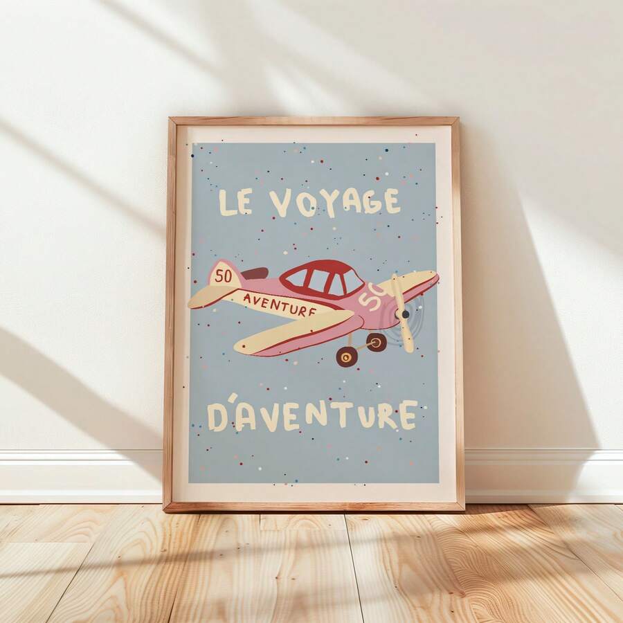 Pastel airplane canvas artwork shown on a sunlit white wall above a wood floor