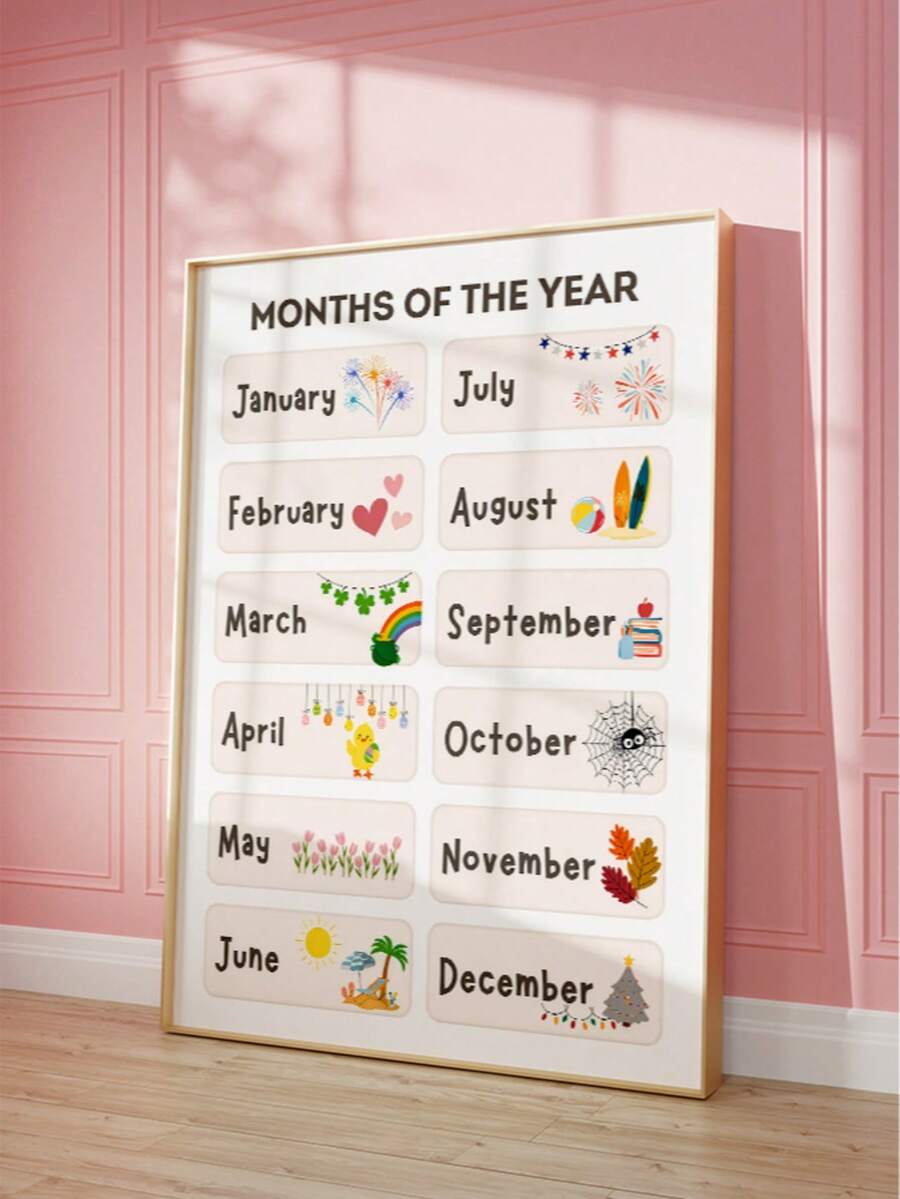 Framed months poster for nursery or playroom wall