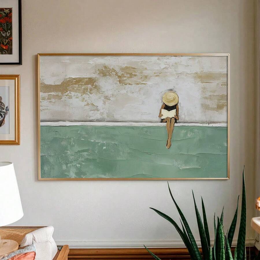 Seafoam green abstract figurative art in slim frame for calm coastal decor