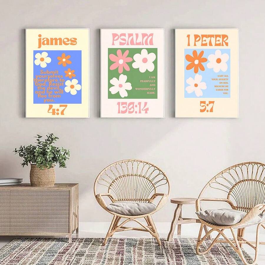 Retro bible verse wall art with pastel flowers and scripture text