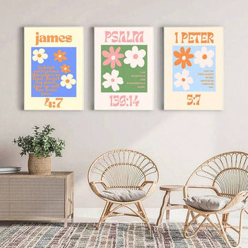 Retro bible verse wall art with pastel flowers and scripture text