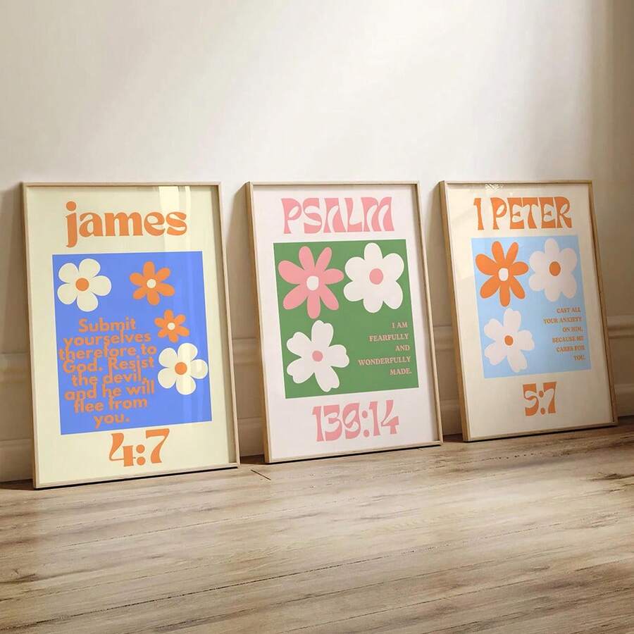 Retro bible verse wall art with pastel flowers and scripture text