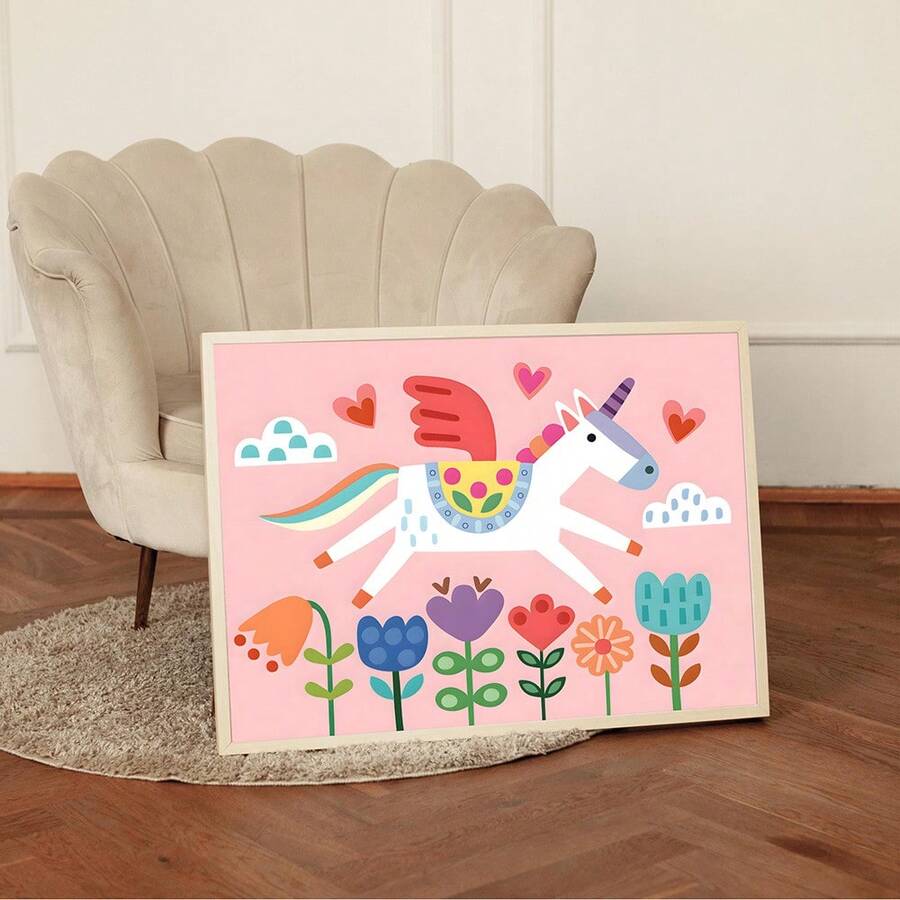 Unicorn nursery wall art with cute unicorn rainbow mane flowers and hearts