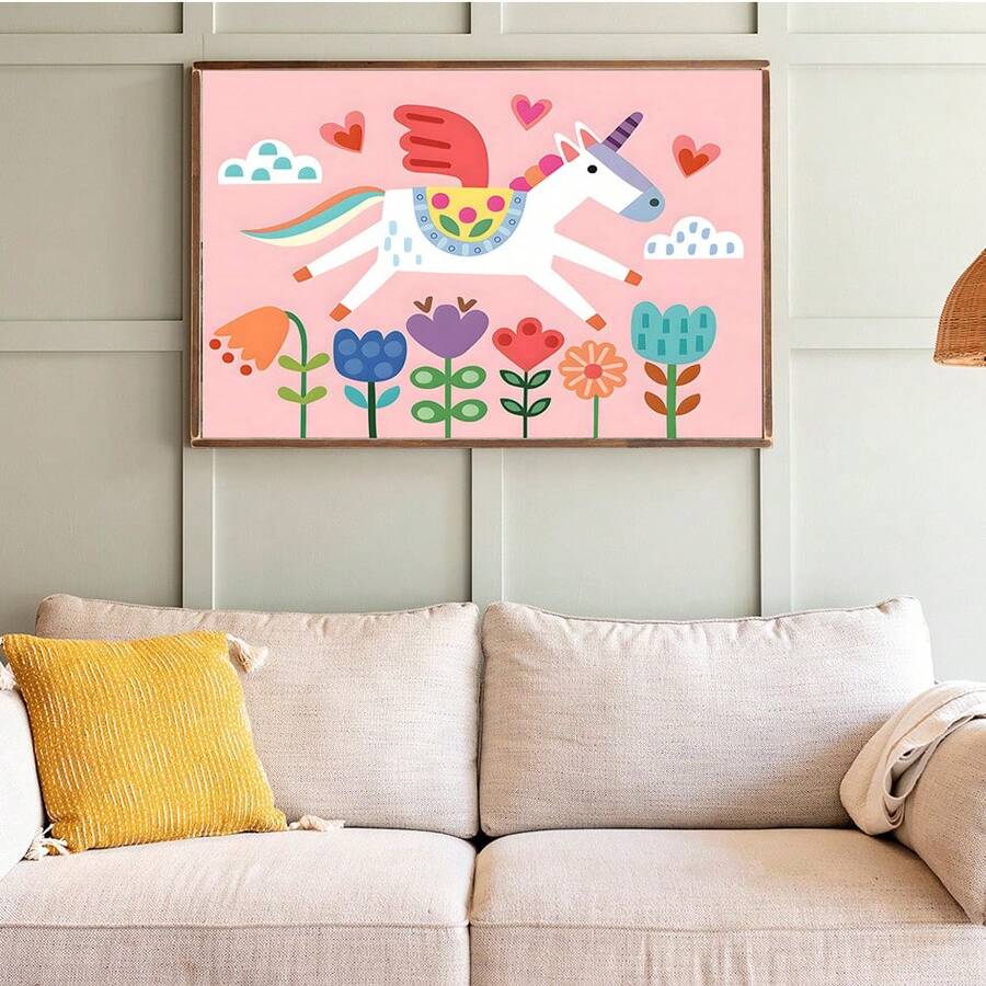 Kids room wall decor with clouds flowers hearts and playful cartoon style