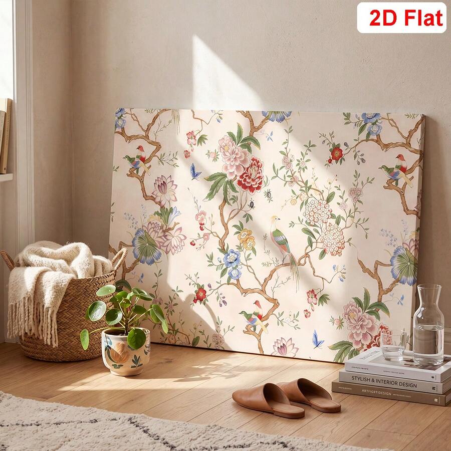 Floral bird wall art five panel cream chinoiserie canvas with branches birds butterflies and 2D flat badge