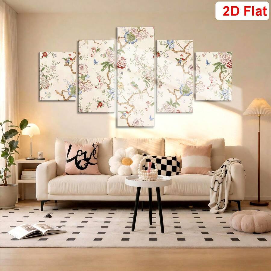 Chinoiserie wall decor single framed cream floral bird print above sofa with neutral room styling