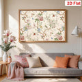 Five panel wall art blue blossom canvas staggered layout above couch