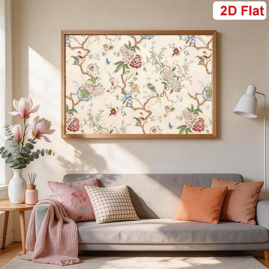Five panel wall art blue blossom canvas staggered layout above couch