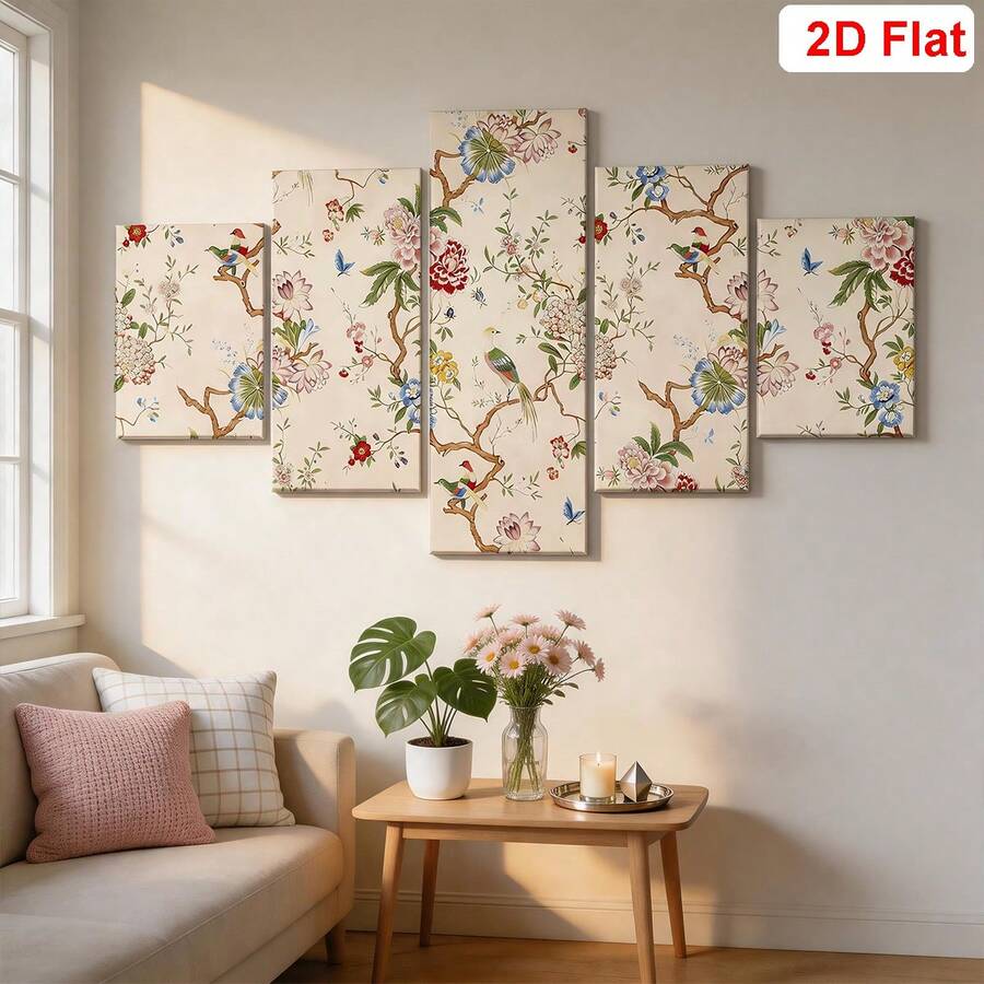 Blue blossom framed matted wall art in light wood frame above piano lifestyle scene