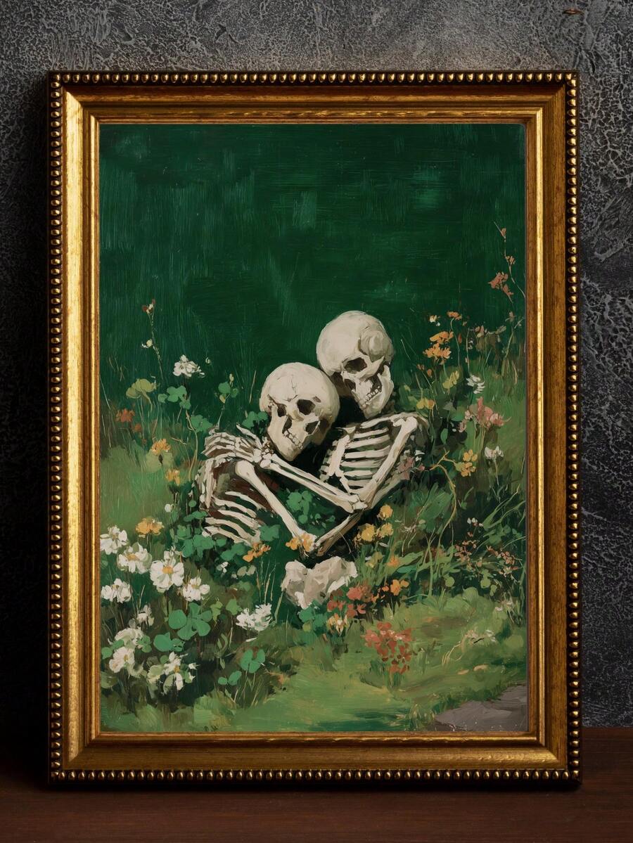 Vintage style oil painting of two skeletons embracing among green wildflowers