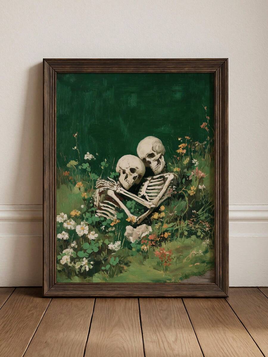Vintage style oil painting of two skeletons embracing among green wildflowers
