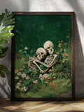 Memento mori wall art showing embracing skeleton lovers surrounded by flowers