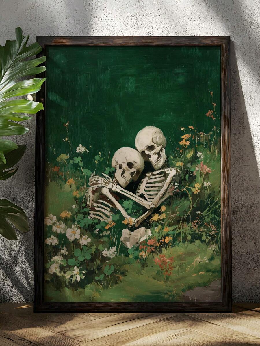 Memento mori wall art showing embracing skeleton lovers surrounded by flowers