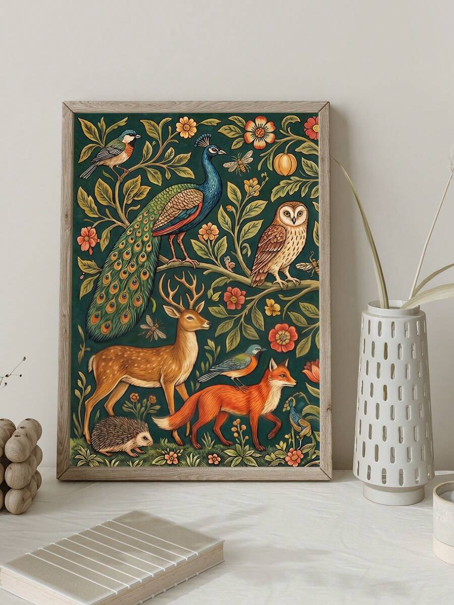 Peacock wall art shown above cozy bedroom bed