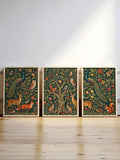 Woodland animal prints in deep teal green and rust tones