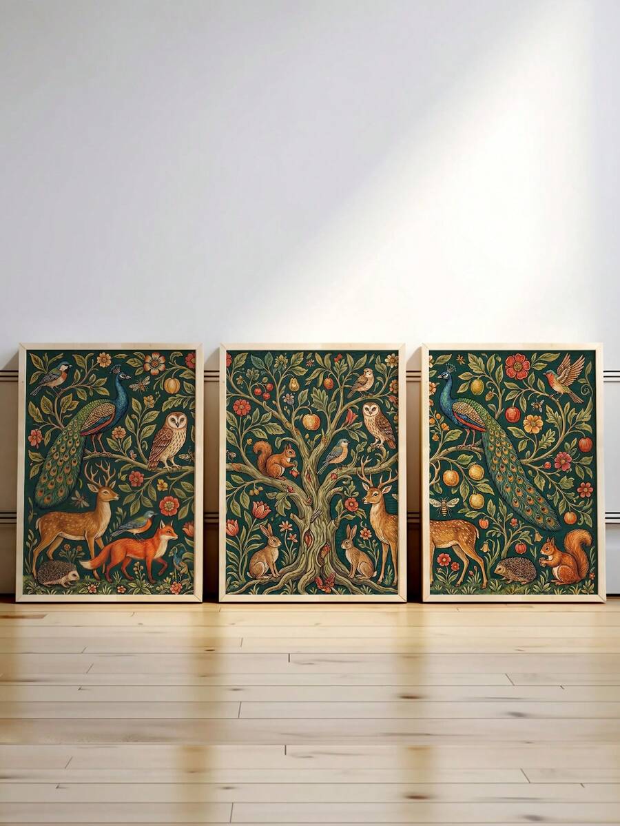 Woodland animal prints in deep teal green and rust tones