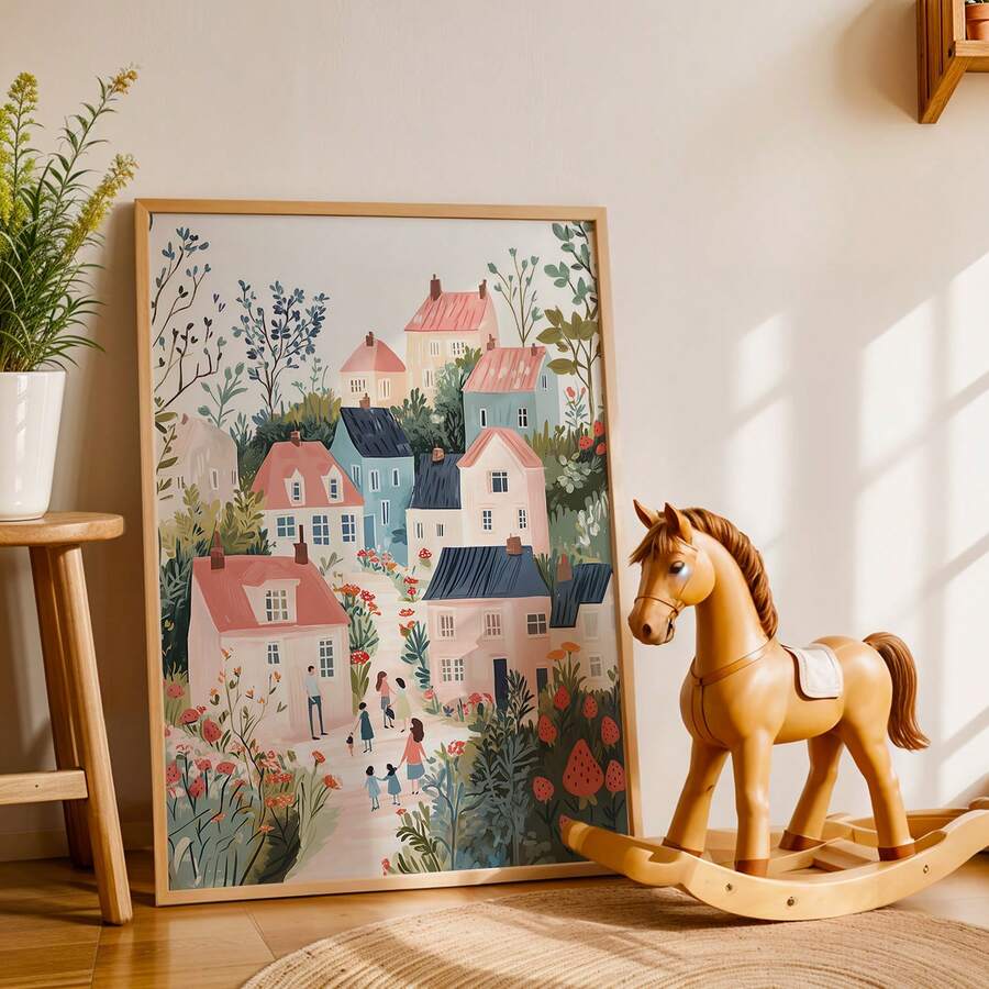 Cottage village nursery wall art in wood frame with pastel houses and garden path