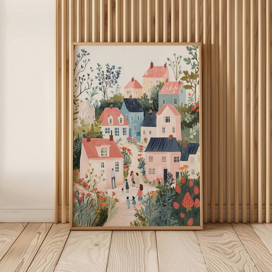 Cottage village nursery wall art in wood frame with pastel houses and garden path