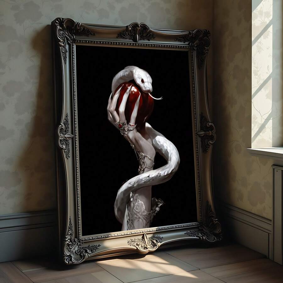 front framed view of Gothic wall art showing a pale hand holding a glossy red apple with a white snake wrapped around the wrist against a dark black background.
