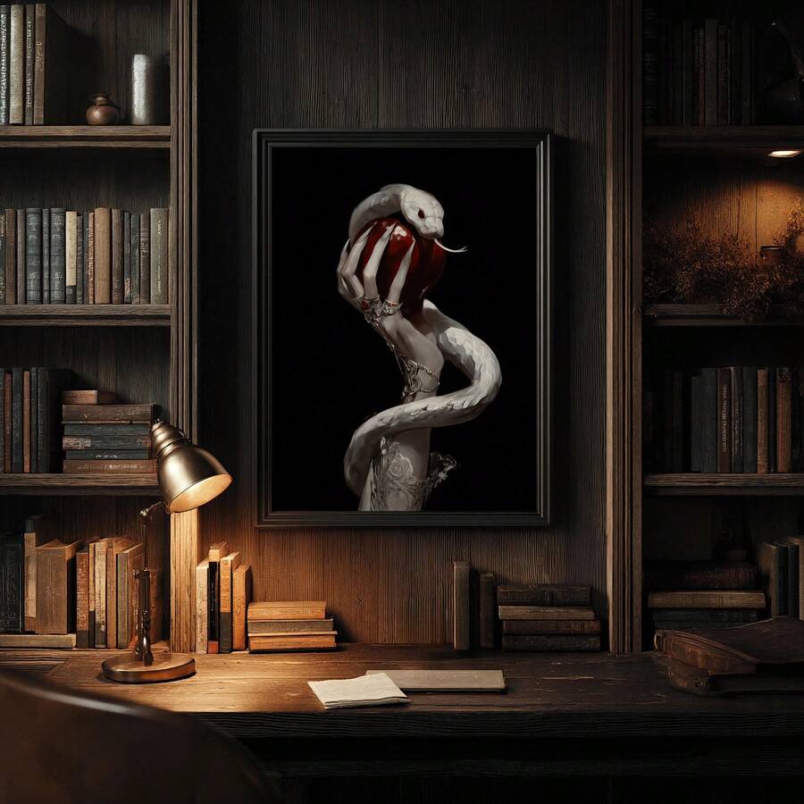 close-up artwork detail of Gothic wall art showing a pale hand holding a glossy red apple with a white snake wrapped around the wrist against a dark black background.