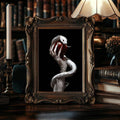 canvas option view of Gothic wall art showing a pale hand holding a glossy red apple with a white snake wrapped around the wrist against a dark black background.