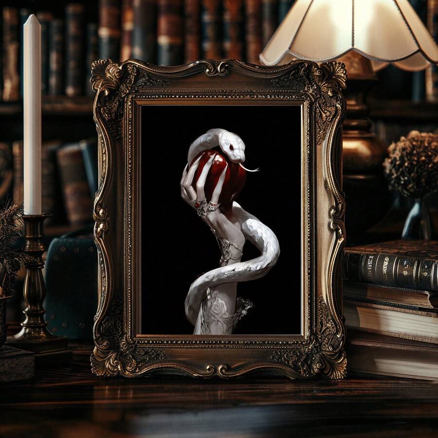 canvas option view of Gothic wall art showing a pale hand holding a glossy red apple with a white snake wrapped around the wrist against a dark black background.