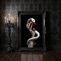 front framed view of Gothic wall art showing a pale hand holding a glossy red apple with a white snake wrapped around the wrist against a dark black background.