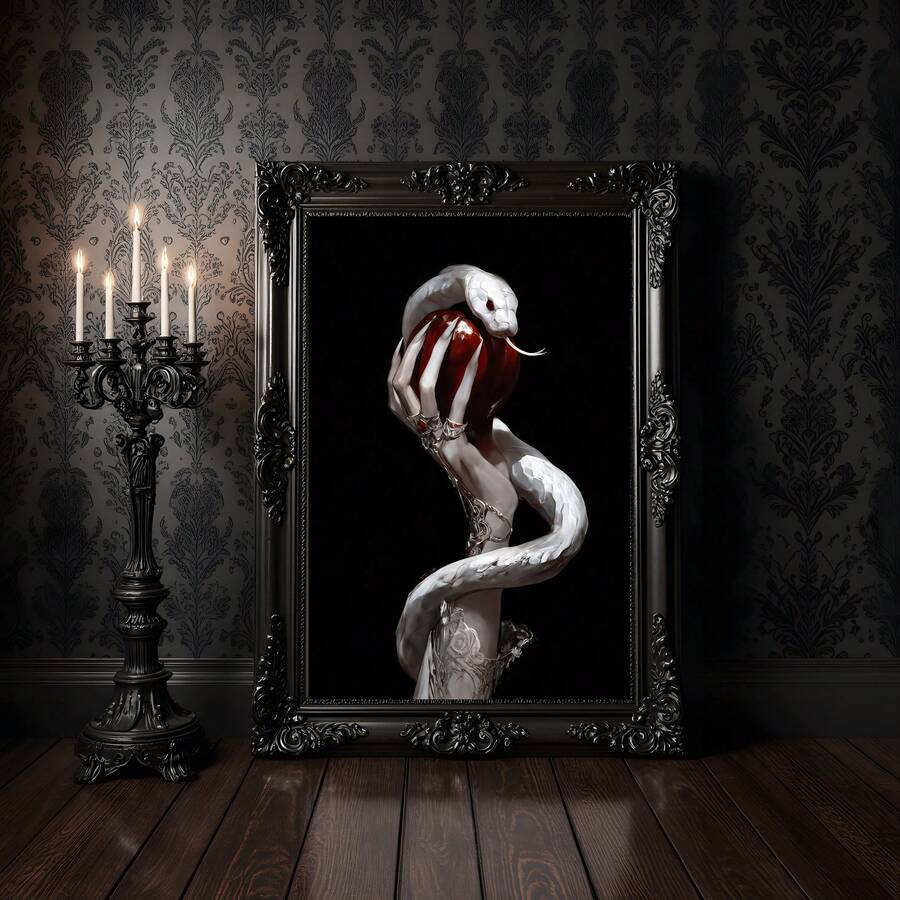 front framed view of Gothic wall art showing a pale hand holding a glossy red apple with a white snake wrapped around the wrist against a dark black background.