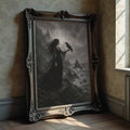 front framed view of Gothic fantasy wall art showing a dark woman in a flowing black dress holding a raven, with stormy cliffs, ocean, castle-like peaks and ornate moody styling.