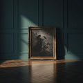 canvas option view of Gothic fantasy wall art showing a dark woman in a flowing black dress holding a raven, with stormy cliffs, ocean, castle-like peaks and ornate moody styling.