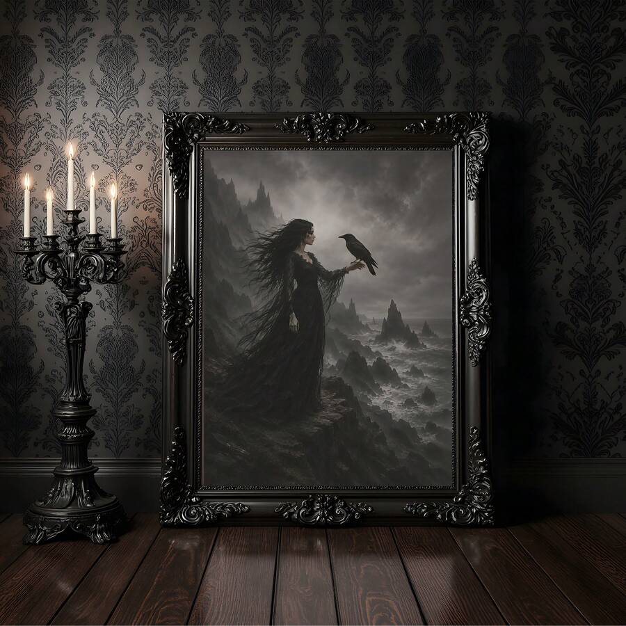 front framed view of Gothic fantasy wall art showing a dark woman in a flowing black dress holding a raven, with stormy cliffs, ocean, castle-like peaks and ornate moody styling.