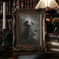 close-up artwork detail of Gothic fantasy wall art showing a dark woman in a flowing black dress holding a raven, with stormy cliffs, ocean, castle-like peaks and ornate moody styling.