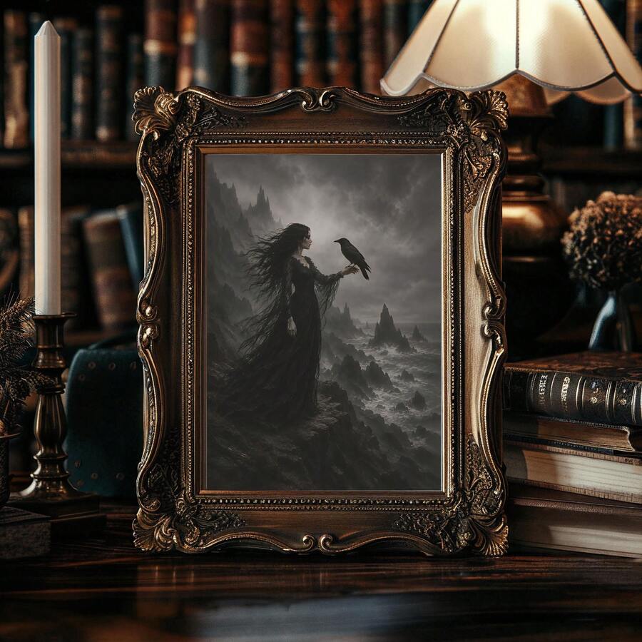 close-up artwork detail of Gothic fantasy wall art showing a dark woman in a flowing black dress holding a raven, with stormy cliffs, ocean, castle-like peaks and ornate moody styling.