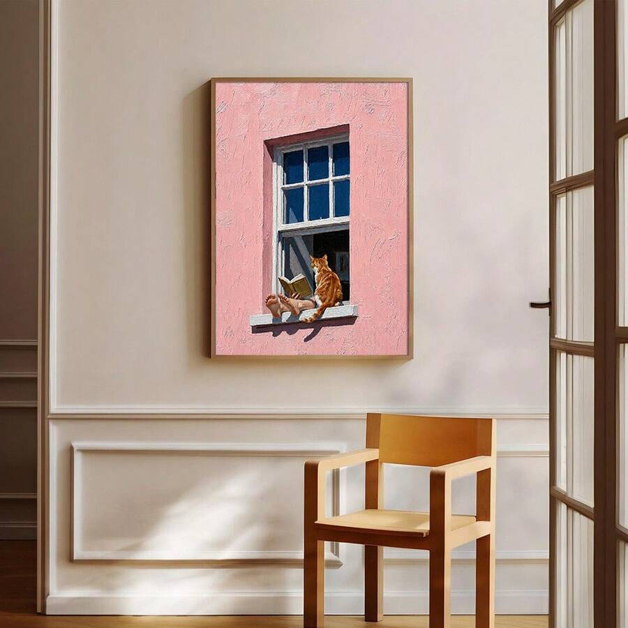 Cozy cat wall art with person reading by sunny window and orange cat on sill
