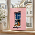 Minimalist figurative wall art for reading nook with cat and soft pastel colors